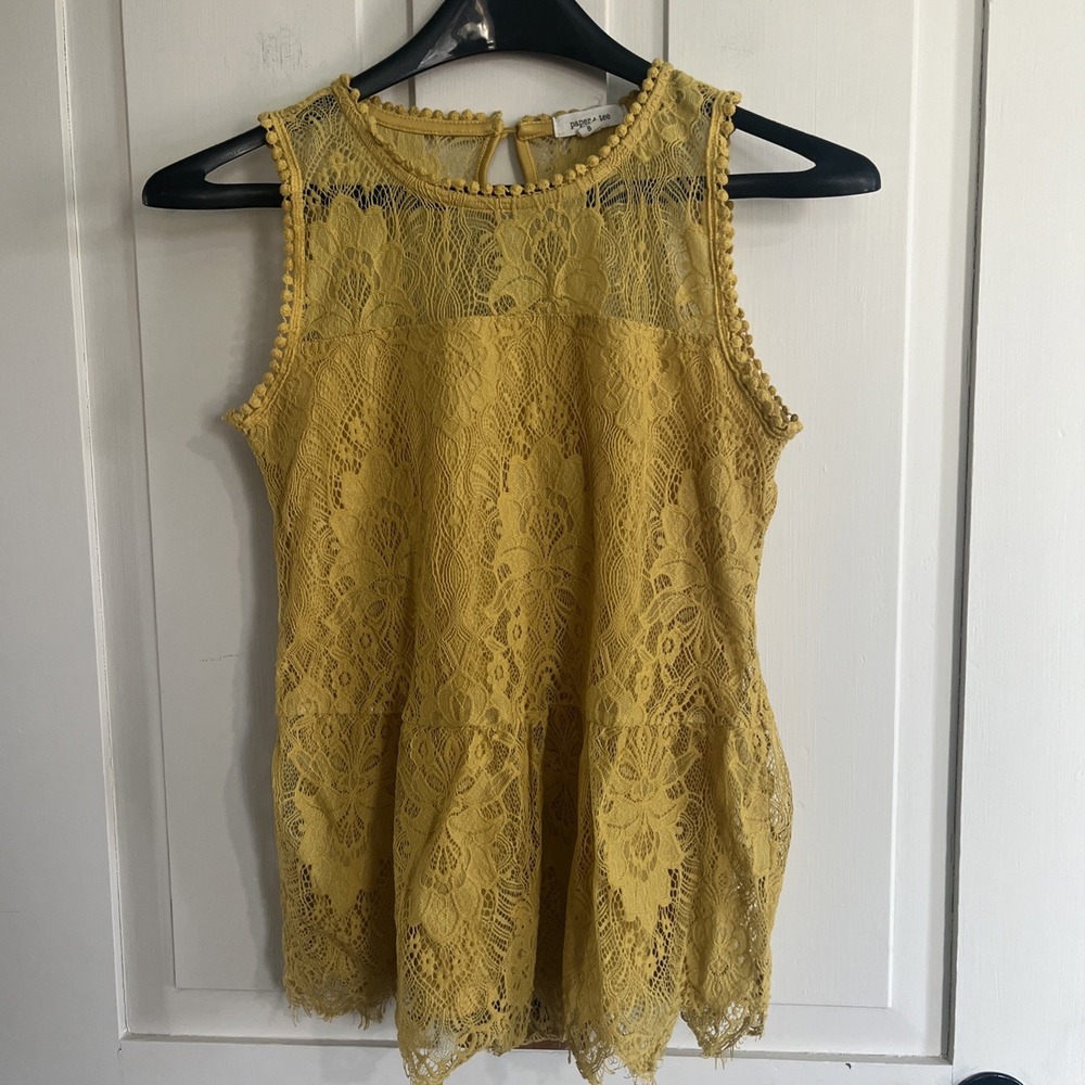 Paper + Tee Lace Eyelet Sleeveless Top Blouse Yellow Small Whimsy Fairy Boho